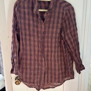 Linen and cotton brown gingham button-down blouse by Poetry